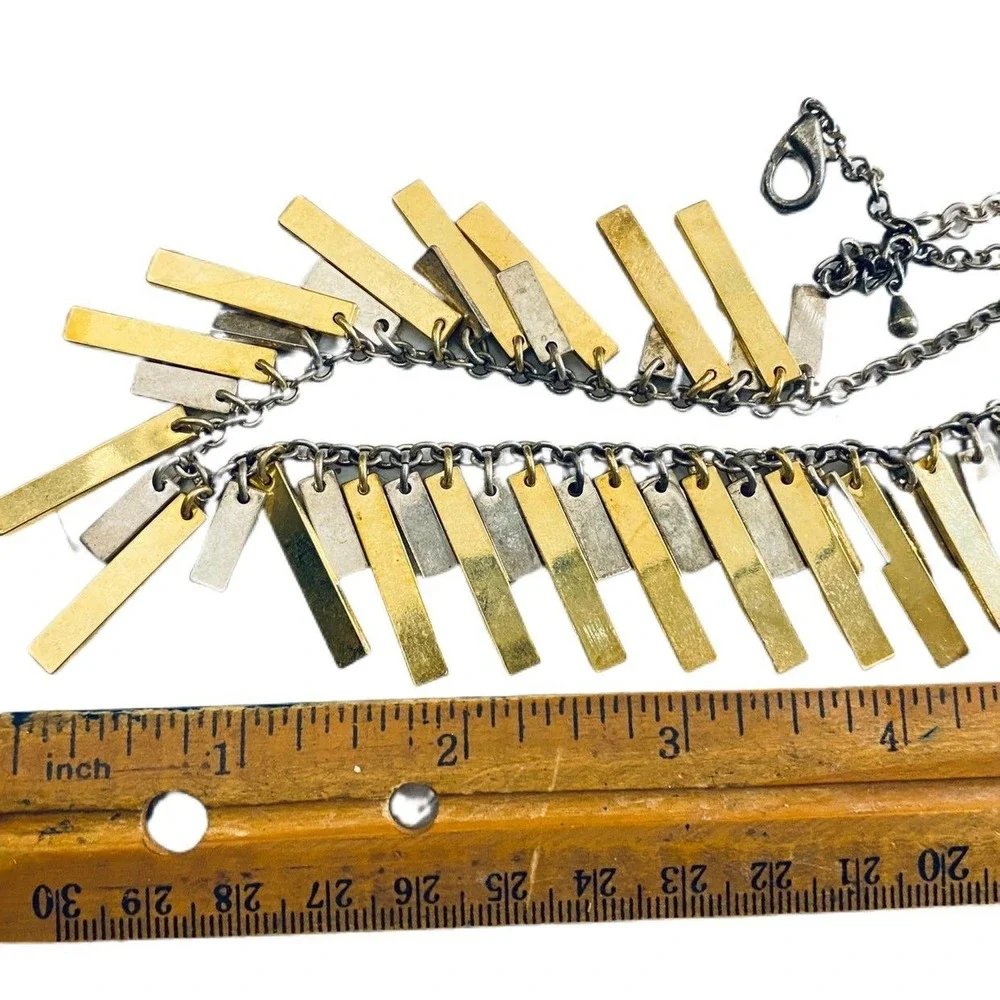 Modernist two toned gold silver rectangle dangle‎ bib necklace
